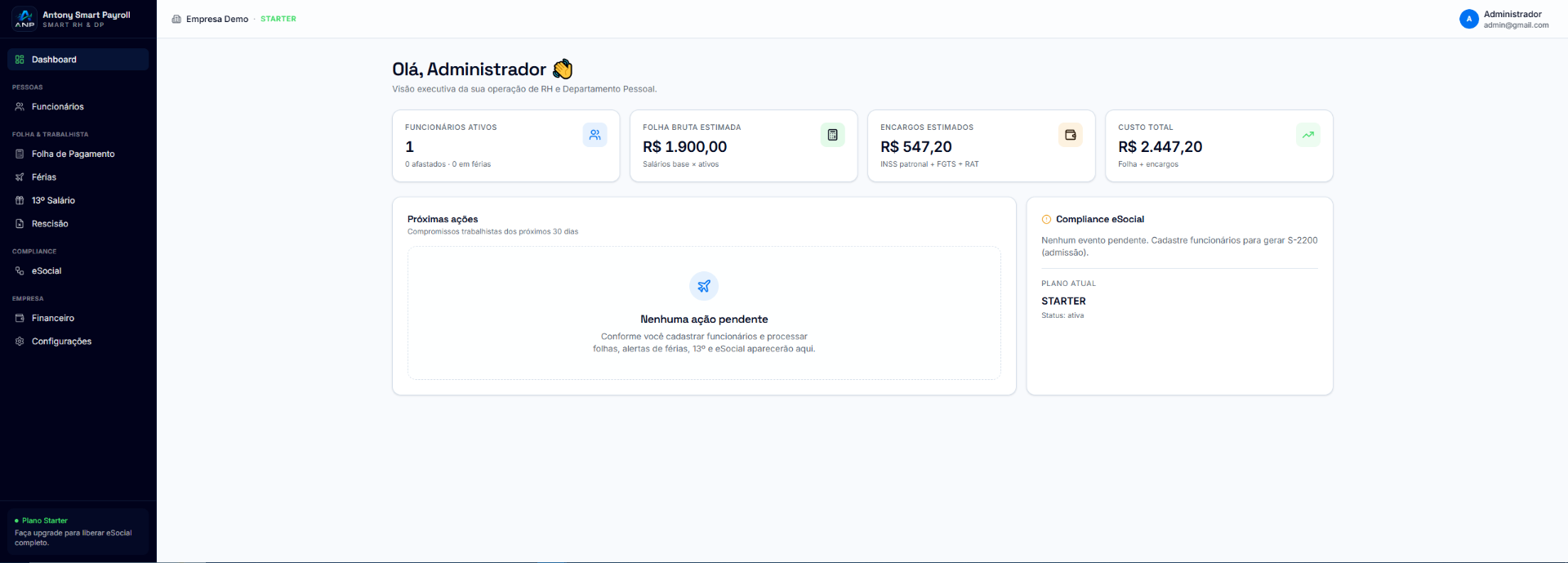 Visão da dashboard Antony Smart Payroll
